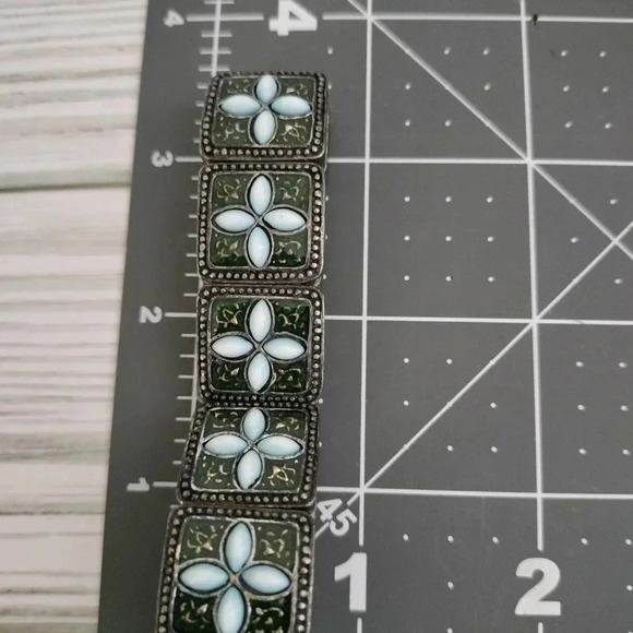 Antique Silver Tone Link Light Blue Flower Cabochon Stretch bangle Bracelet - Picture 6 of 7